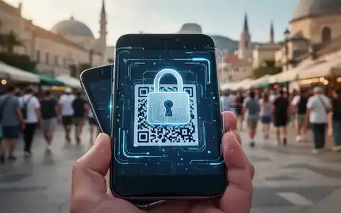 Ein Smartphone scannt einen QR-Code, der mit einem digitalen Vorhängeschloss überlagert ist, im Hintergrund eine belebte Tourismusgegend. - Foto: über boerse-global.de