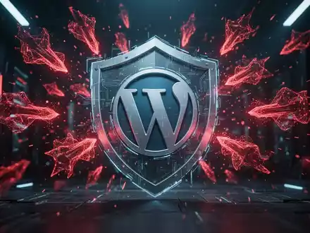 Ein digitaler Schild schützt ein stilisiertes WordPress-Logo vor roten Cyber-Angriffen in einer dunklen, technologischen Umgebung. - Foto: über boerse-global.de