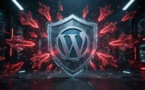 Ein digitaler Schild schützt ein stilisiertes WordPress-Logo vor roten Cyber-Angriffen in einer dunklen, technologischen Umgebung. - Foto: über boerse-global.de