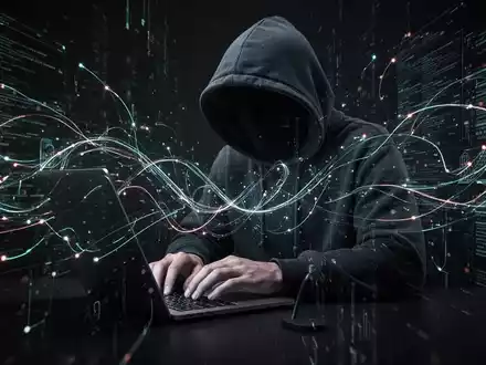 Eine Person im Kapuzenpullover tippt auf einem Laptop, umgeben von leuchtenden digitalen Linien und Datenströmen, die Cyberkriminalität symbolisieren. - Foto: über boerse-global.de