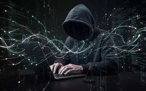 Eine Person im Kapuzenpullover tippt auf einem Laptop, umgeben von leuchtenden digitalen Linien und Datenströmen, die Cyberkriminalität symbolisieren. - Foto: über boerse-global.de