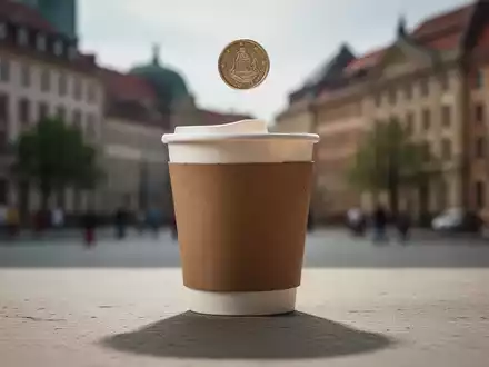 Ein Einweg-Kaffeebecher mit dem Schatten einer fallenden Münze, vor einem unscharfen städtischen Hintergrund Potsdams. - Foto: über boerse-global.de