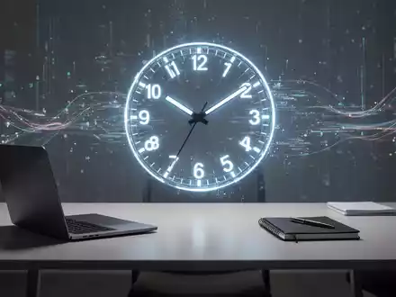 Eine stilisierte, leuchtende digitale Uhr auf einem aufgeräumten Schreibtisch mit Laptop, die Effizienz und Zeitmanagement symbolisiert. - Foto: über boerse-global.de