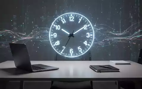 Eine stilisierte, leuchtende digitale Uhr auf einem aufgeräumten Schreibtisch mit Laptop, die Effizienz und Zeitmanagement symbolisiert. - Foto: über boerse-global.de