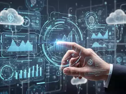 A stylized hand interacts with a holographic interface showing health data and personalized insurance information, with abstract tech in the background. - Foto: über boerse-global.de