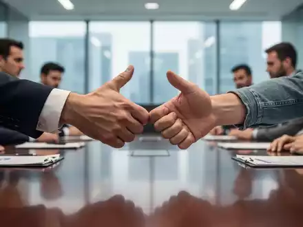 Zwei Hände, eine im Anzug und eine im Freizeitlook, drücken sich über einen Konferenztisch, was Konflikt und Verhandlungen symbolisiert. - Foto: über boerse-global.de