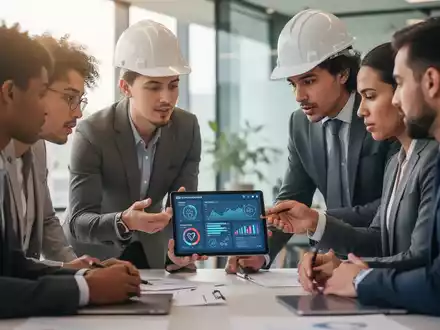 Eine Gruppe von Fachleuten bespricht Arbeitssicherheits- und Gesundheitsmanagementstrategien an einem Tisch mit einem Tablet. - Foto: über boerse-global.de