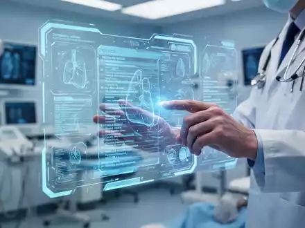 Hände eines Arztes, die mit einer holografischen elektronischen Patientenakte interagieren, im Hintergrund eine Klinik. - Foto: über boerse-global.de
