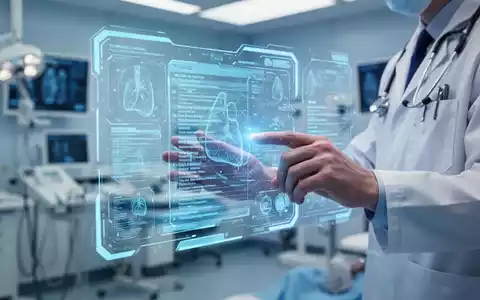 HĂ€nde eines Arztes, die mit einer holografischen elektronischen Patientenakte interagieren, im Hintergrund eine Klinik. - Foto: ĂŒber boerse-global.de
