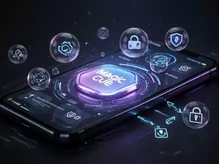 Ein futuristisches Smartphone-Display mit leuchtenden KI-Funktionen, schwebenden App-Blasen und Symbolen für sichere Datenübertragung. - Foto: über boerse-global.de