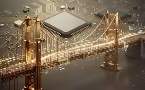 Eine stilisierte, futuristische goldene Brücke mit digitalen Datenströmen, die einen Übergang in eine neue Ära symbolisiert. - Foto: über boerse-global.de