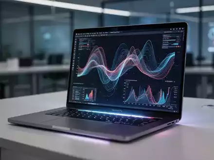 Ein schlankes Apple MacBook Pro 16 mit leuchtendem Bildschirm auf einem modernen Schreibtisch, umgeben von einem unscharfen High-Tech-Büro. - Foto: über boerse-global.de