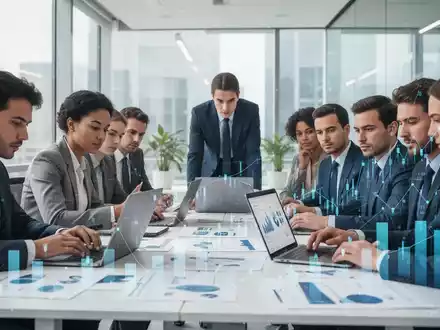 Finanzexperten arbeiten in einem modernen Büro zusammen, mit Laptops und Dokumenten. Subtile digitale Datenvisualisierungen im Hintergrund. - Foto: über boerse-global.de