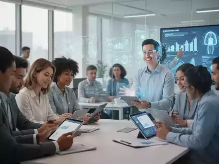 Menschen nutzen digitale Tools und KI-gestützte Anwendungen in einem modernen Büro für betriebliches Gesundheitsmanagement. - Foto: über boerse-global.de