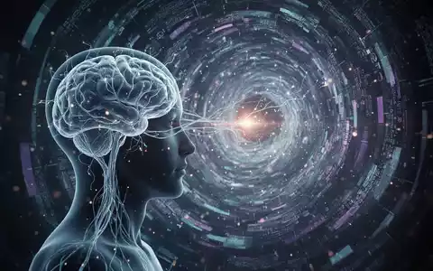 Eine futuristische Darstellung des menschlichen Kopfes mit leuchtenden neuronalen Pfaden, die in einen Wirbel aus abstrakten Daten und Licht übergehen. - Foto: über boerse-global.de