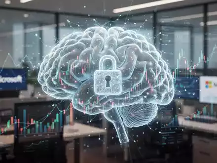 Stylized AI brain with financial data streams over a blurred office setting, symbolizing Microsoft's AI strategy and data privacy challenges. - Foto: über boerse-global.de