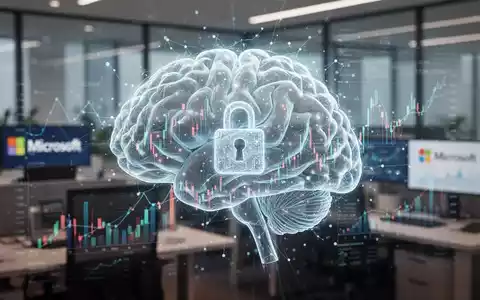 Stylized AI brain with financial data streams over a blurred office setting, symbolizing Microsoft's AI strategy and data privacy challenges. - Foto: über boerse-global.de