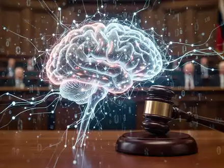 A glowing, abstract representation of an AI brain with data streams, superimposed over a blurred image of a German courtroom. - Foto: über boerse-global.de