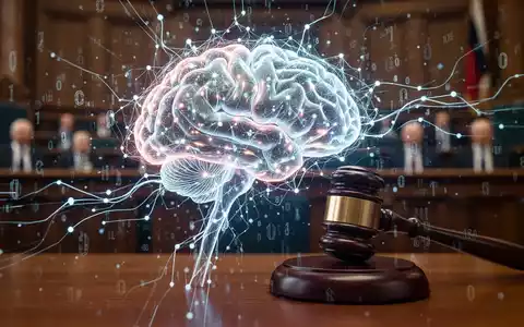 A glowing, abstract representation of an AI brain with data streams, superimposed over a blurred image of a German courtroom. - Foto: über boerse-global.de