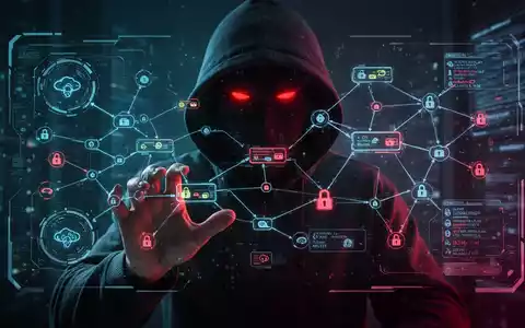 A shadowy figure, representing a hacker, manipulating a holographic interface displaying network infrastructure and data packets. - Foto: über boerse-global.de