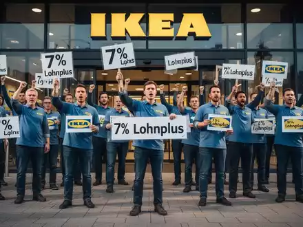 IKEA-Mitarbeiter streiken vor einem IKEA-Geschäft und fordern 7% Lohnerhöhung. - Foto: über boerse-global.de