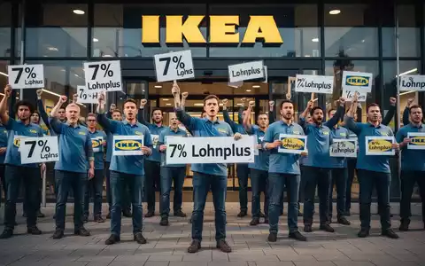 IKEA-Mitarbeiter streiken vor einem IKEA-Geschäft und fordern 7% Lohnerhöhung. - Foto: über boerse-global.de