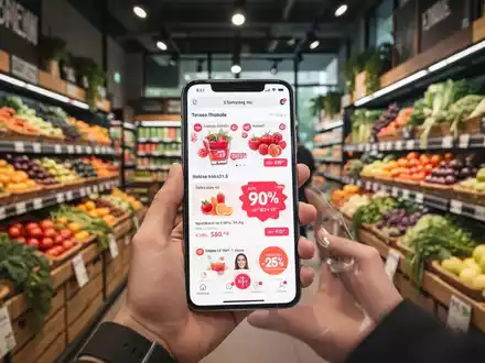 Eine Hand hält ein Smartphone mit einer Shopping-App, die Rabatte anzeigt, in einem Biomarkt. - Foto: über boerse-global.de