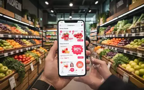 Eine Hand hält ein Smartphone mit einer Shopping-App, die Rabatte anzeigt, in einem Biomarkt. - Foto: über boerse-global.de