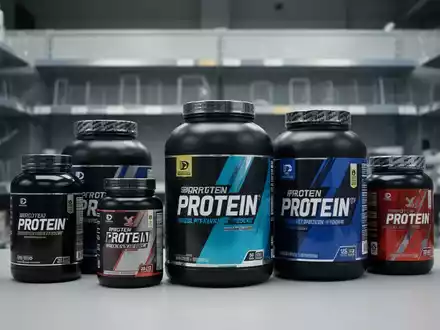 Nahaufnahme von Sportnahrungsergänzungsmitteln und Proteinpulvern, mit unscharfen, teilweise leeren Supermarktregalen im Hintergrund. - Foto: über boerse-global.de