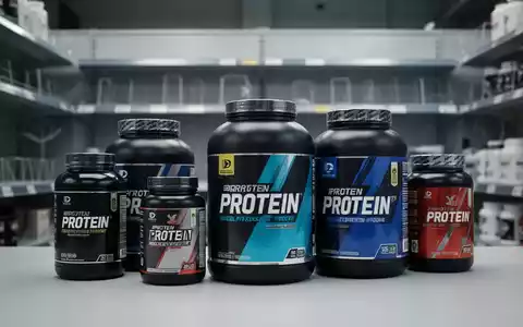 Nahaufnahme von Sportnahrungsergänzungsmitteln und Proteinpulvern, mit unscharfen, teilweise leeren Supermarktregalen im Hintergrund. - Foto: über boerse-global.de