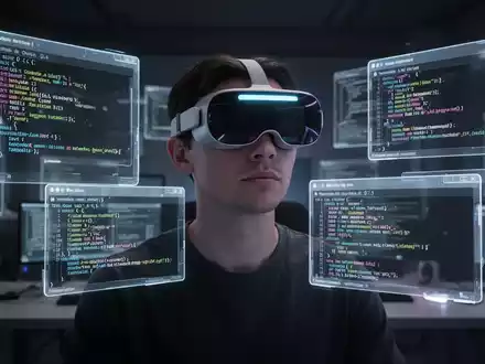 A person in an Apple Vision Pro headset surrounded by floating spatial windows showing code and terminal interfaces. - Foto: über boerse-global.de