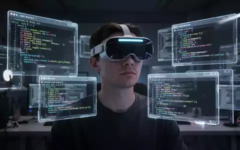 A person in an Apple Vision Pro headset surrounded by floating spatial windows showing code and terminal interfaces. - Foto: über boerse-global.de