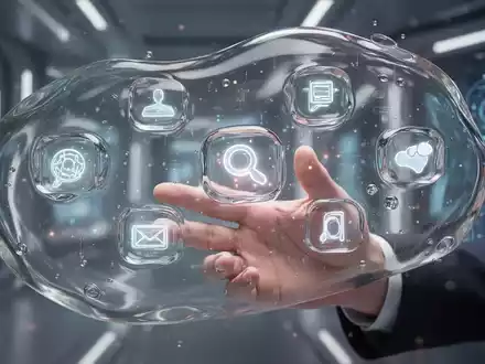 A futuristic digital interface with transparent, liquid glass elements and glowing 3D icons, suggesting advanced Apple design. - Foto: über boerse-global.de