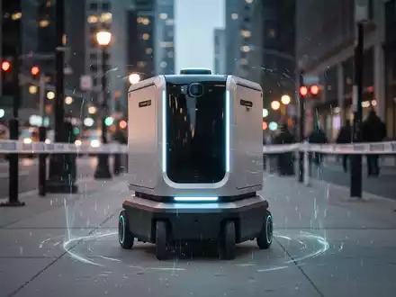 An autonomous food delivery robot on a city sidewalk, with subtle visual effects suggesting disruption or a barrier. - Foto: über boerse-global.de
