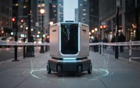 An autonomous food delivery robot on a city sidewalk, with subtle visual effects suggesting disruption or a barrier. - Foto: über boerse-global.de