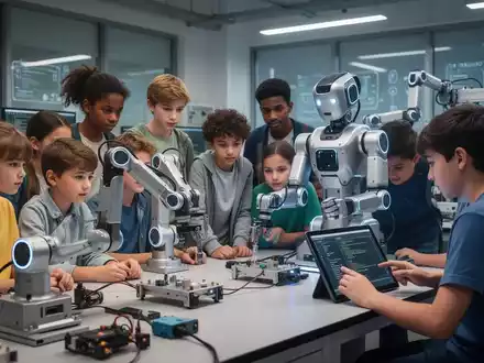Students in a modern lab setting engaging with various robots, including humanoid and collaborative arms, on workbenches and screens. - Foto: über boerse-global.de