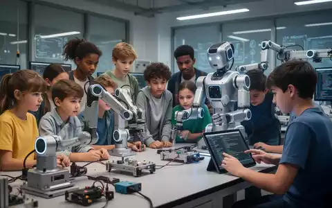 Students in a modern lab setting engaging with various robots, including humanoid and collaborative arms, on workbenches and screens. - Foto: über boerse-global.de