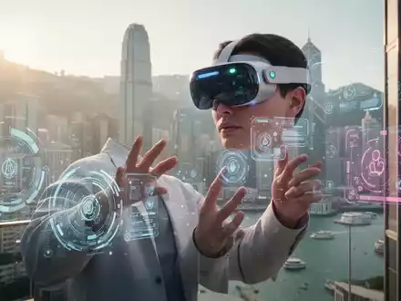 A person wearing an Apple Vision Pro headset in a modern Hong Kong setting, interacting with virtual elements. - Foto: über boerse-global.de