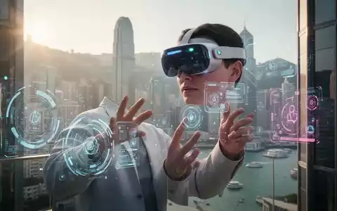 A person wearing an Apple Vision Pro headset in a modern Hong Kong setting, interacting with virtual elements. - Foto: über boerse-global.de