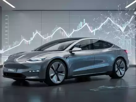 Ein elegantes Elektrofahrzeug mit erweiterter Reichweite (EREV) in einem modernen Showroom, im Hintergrund eine Darstellung fallender Markttrends. - Foto: über boerse-global.de