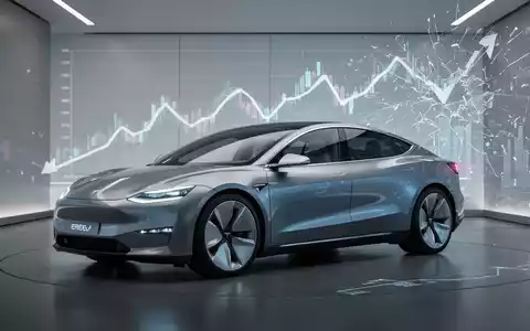 Ein elegantes Elektrofahrzeug mit erweiterter Reichweite (EREV) in einem modernen Showroom, im Hintergrund eine Darstellung fallender Markttrends. - Foto: über boerse-global.de