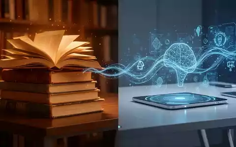 Ein geteiltes Bild mit Büchern auf der einen Seite und futuristischen digitalen Schnittstellen auf der anderen, symbolisiert persönliche Weiterentwicklung. - Foto: über boerse-global.de