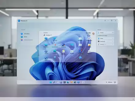 Nahaufnahme eines Bildschirms, der die Windows 11-Benutzeroberfläche mit Produktivitätswerkzeugen zeigt, im Hintergrund ein modernes Büro. - Foto: über boerse-global.de