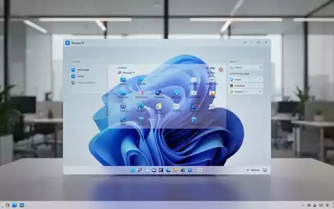 Nahaufnahme eines Bildschirms, der die Windows 11-Benutzeroberfläche mit Produktivitätswerkzeugen zeigt, im Hintergrund ein modernes Büro. - Foto: über boerse-global.de