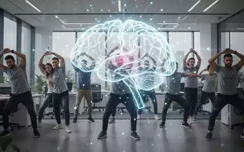 Eine stilisiert leuchtende KI-Struktur über einer Gruppe von Büroangestellten, die sich am Arbeitsplatz dehnen. - Foto: über boerse-global.de