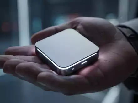 A person's hand holds a sleek, minimalist, screenless AI hardware device with a subtle glow, designed in a Jony Ive style. - Foto: über boerse-global.de