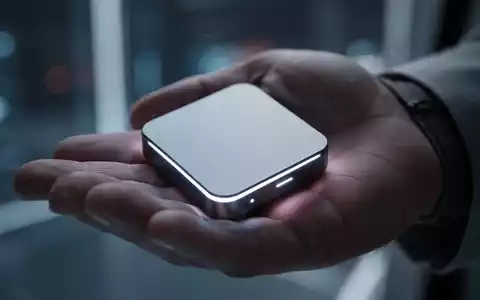 A person's hand holds a sleek, minimalist, screenless AI hardware device with a subtle glow, designed in a Jony Ive style. - Foto: über boerse-global.de