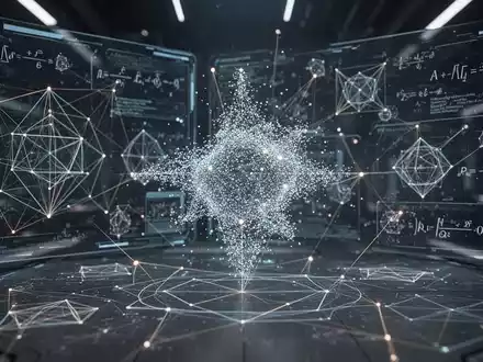 An AI interface showing geometric patterns and mathematical equations, with a holographic projection of a 3D point cloud, symbolizing a breakthrough in mathematics. - Foto: über boerse-global.de