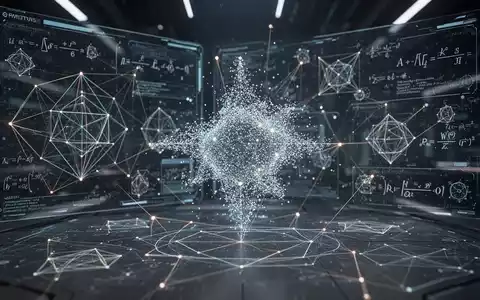 An AI interface showing geometric patterns and mathematical equations, with a holographic projection of a 3D point cloud, symbolizing a breakthrough in mathematics. - Foto: über boerse-global.de