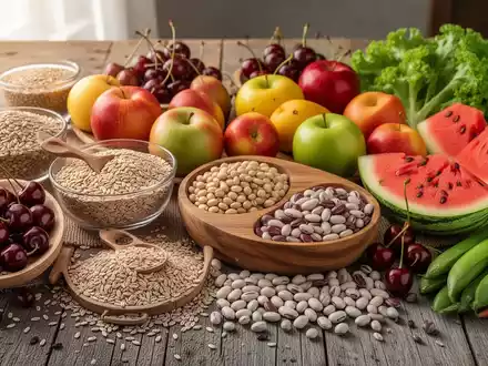 Eine Stillleben-Anordnung von gesunden, ballaststoffreichen Lebensmitteln wie Vollkornprodukten, Kirschen, Wassermelone und Hülsenfrüchten auf Holz. - Foto: über boerse-global.de